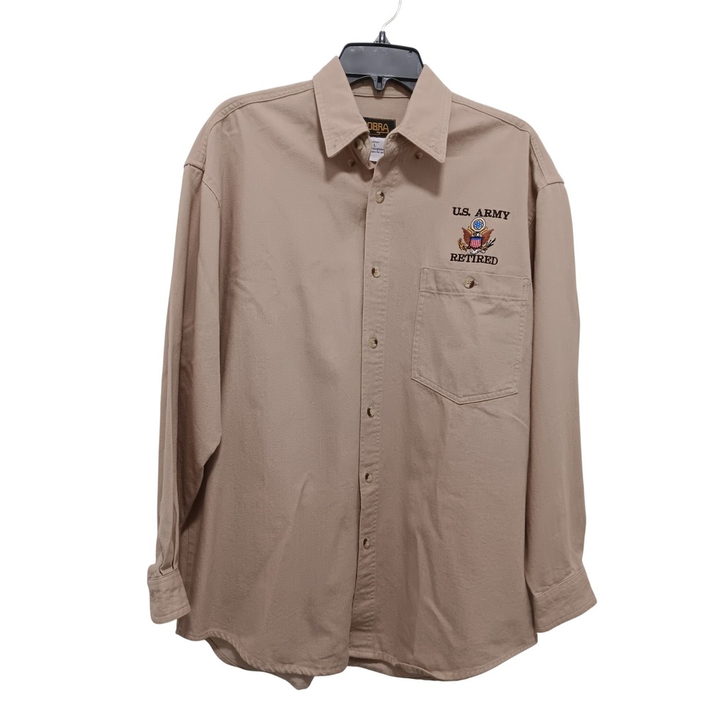 Cobra Mens US Army Retired Veteran Button Down Shirt Khaki Cotton Large EUC
